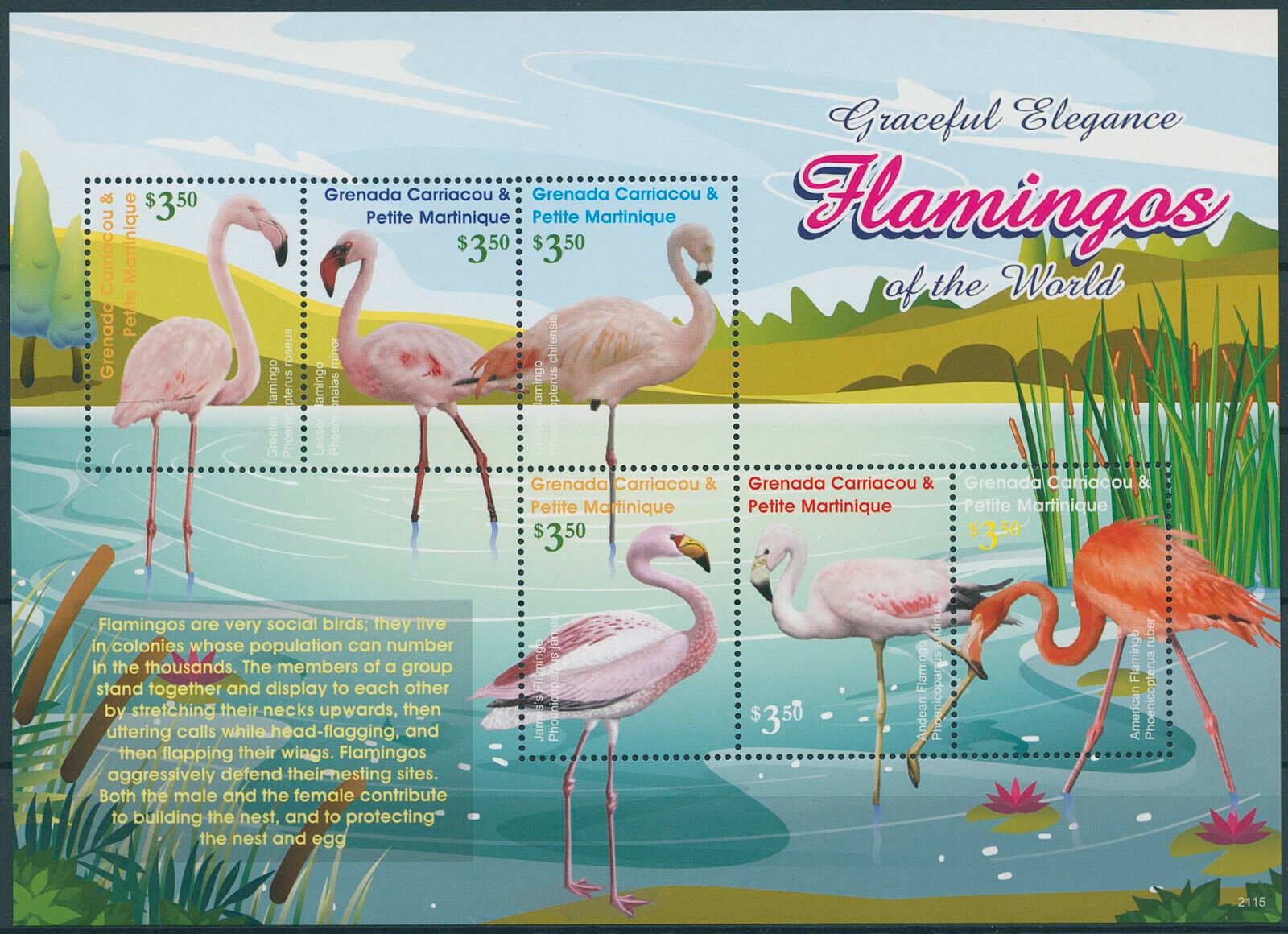 Grenadines Grenada 2021 MNH Birds on Stamps Flamingos Lesser Flamingo 6v M/S