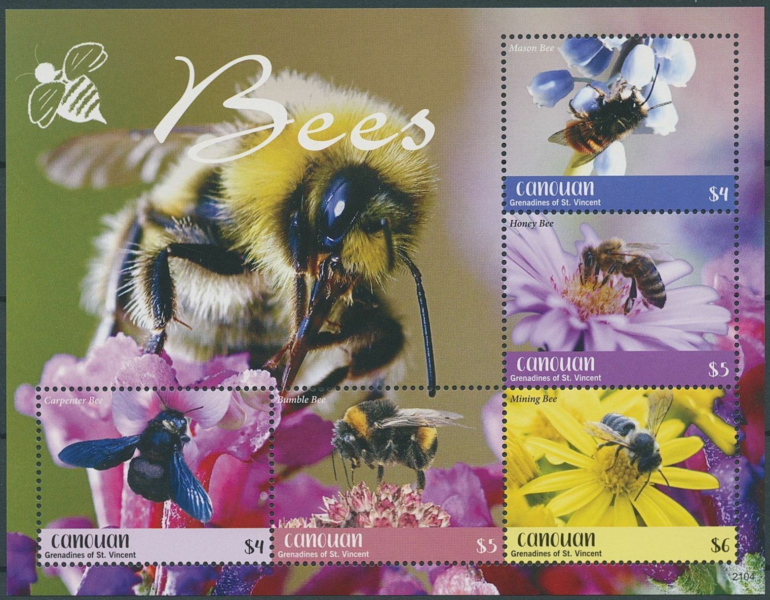 Canouan Gren St Vincent 2021 MNH Bees Stamps Mason Honey Bee Insects 5v M/S