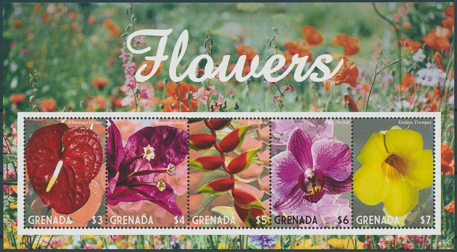 Grenada 2021 MNH Flowers Stamps Heliconia Orchids Bougainvilleas Flora 5v M/S