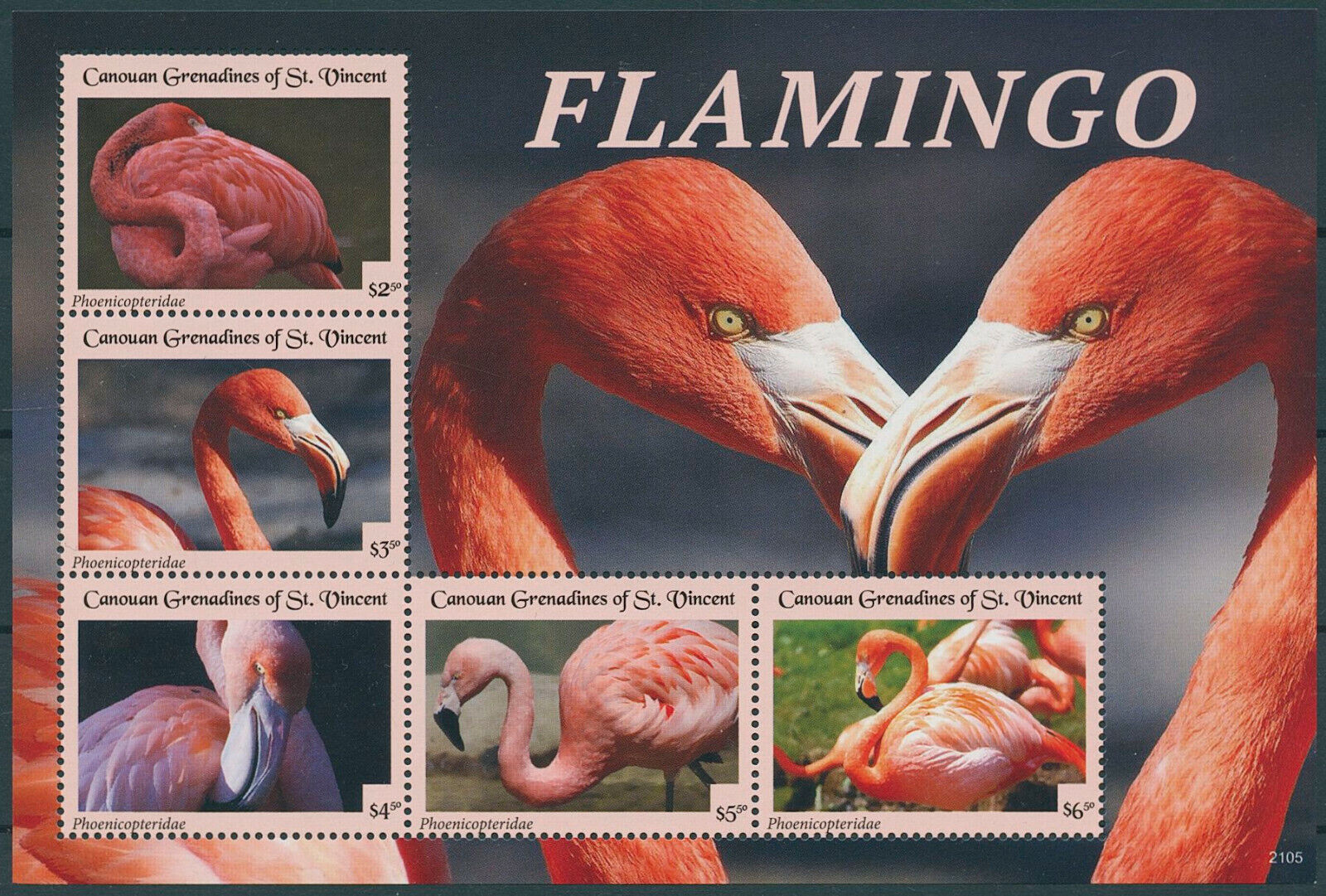 Canouan Gren St Vincent 2021 MNH Birds on Stamps Flamingos Flamingo 5v M/S