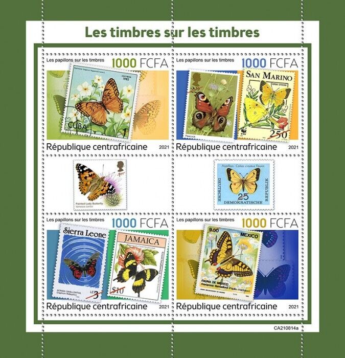 Central African Rep 2021 MNH Stamps-on-Stamps Stamps Butterflies SOS 4v M/S