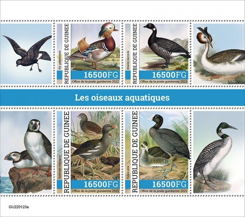 Guinea 2022 MNH Water Birds on Stamps Ducks Geese Moorhen Coot 4v M/S