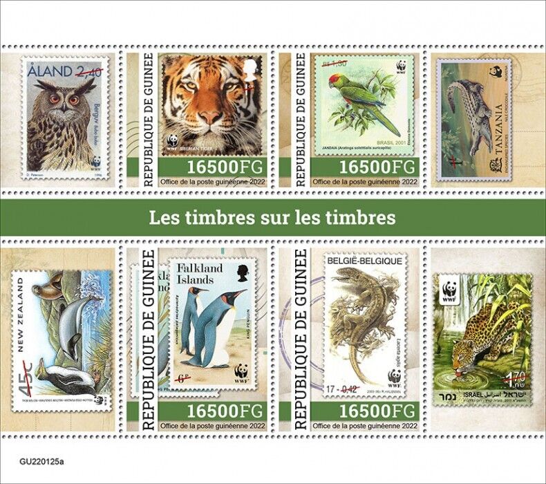 Guinea 2022 MNH Stamps-on-Stamps Stamps Penguins Tigers Parrots Birds SOS 4v M/S