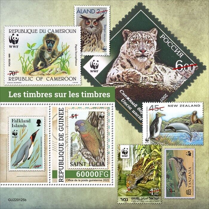 Guinea 2022 MNH Stamps-on-Stamps Stamps Penguins Parrots Owls Wild Animals 1v S/S
