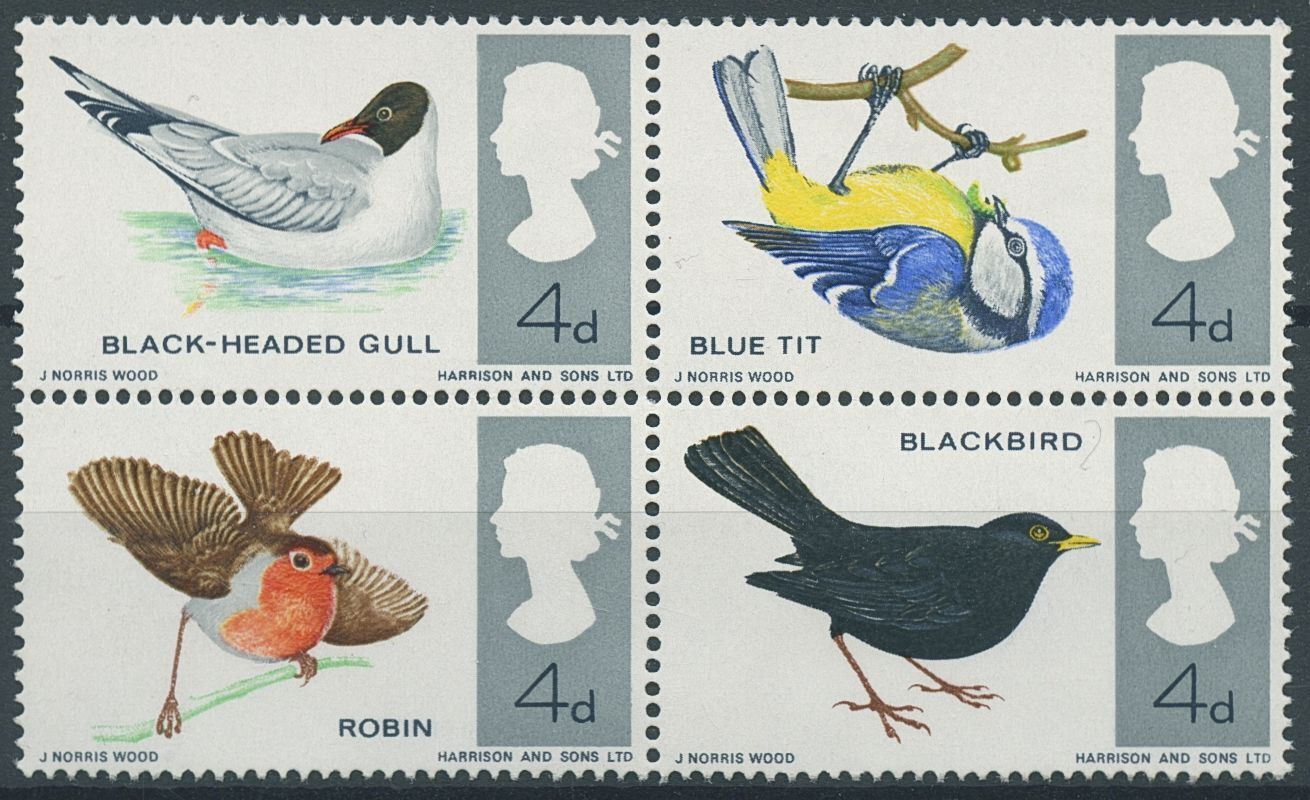 GB 1966 MNH Birds on Stamps Gulls Robins Blue Tit Blackbirds 4v Block