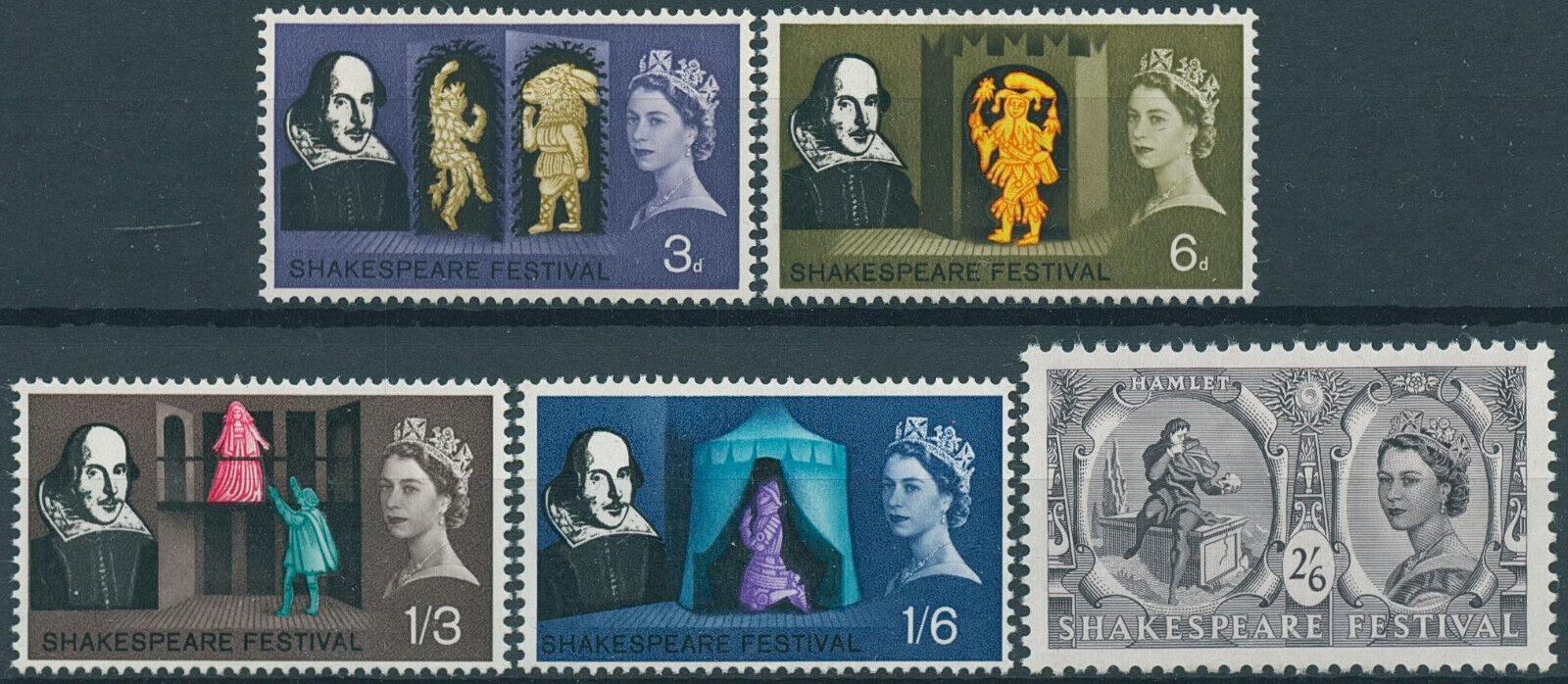 GB 1964 MNH Writers Stamps William Shakespeare Festival Hamlet 5v Set