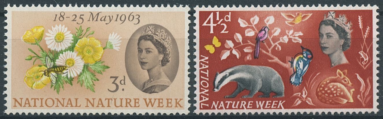 GB 1963 MNH Flowers Stamps National Nature Week Birds Badgers Bees 2v Set