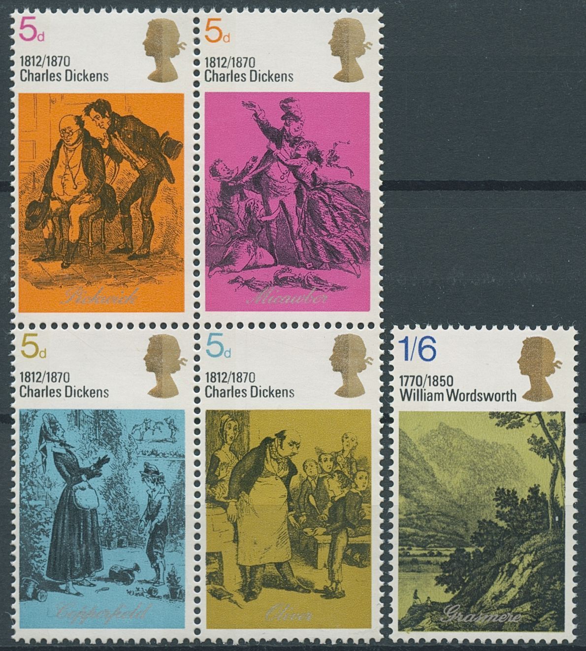 GB 1970 MNH Writers Stamps Charles Dickens William Wordsworth People 5v Set