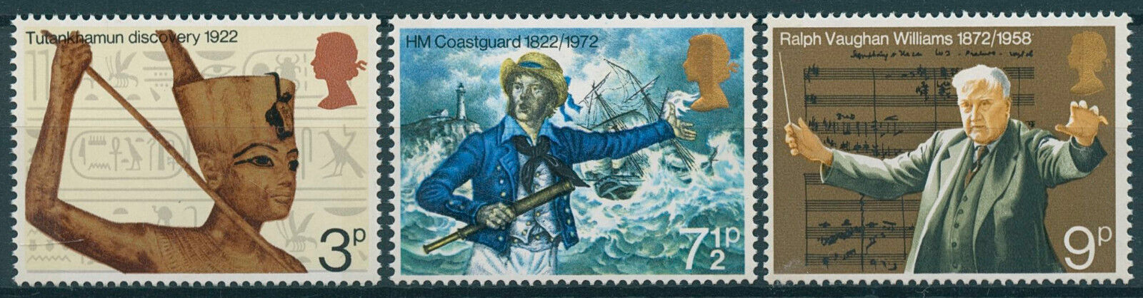 GB 1972 MNH Anniversaries Stamps Tutankhamun Coastguard Vaughan Williams 3v Set