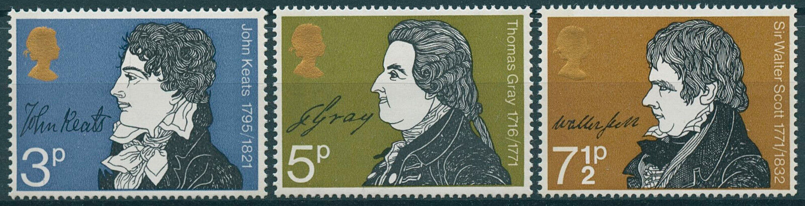 GB 1971 MNH Writers Stamps Literary Anniversaries Keats Walter Scott Gray 3v Set