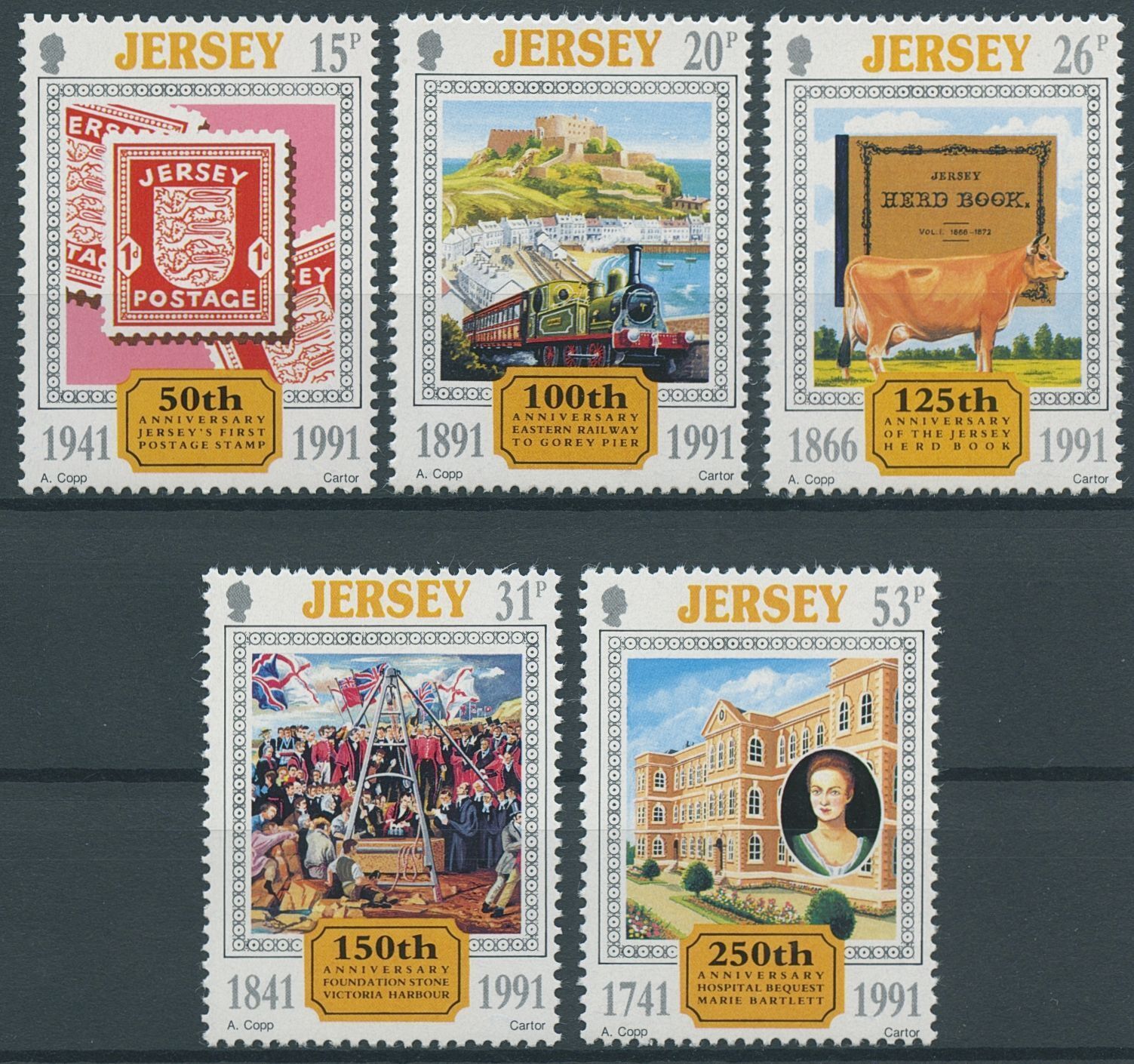 Jersey 1991 MNH Anniversaries Stamps Trains Cows Stamps-on-Stamps SOS 5v Set