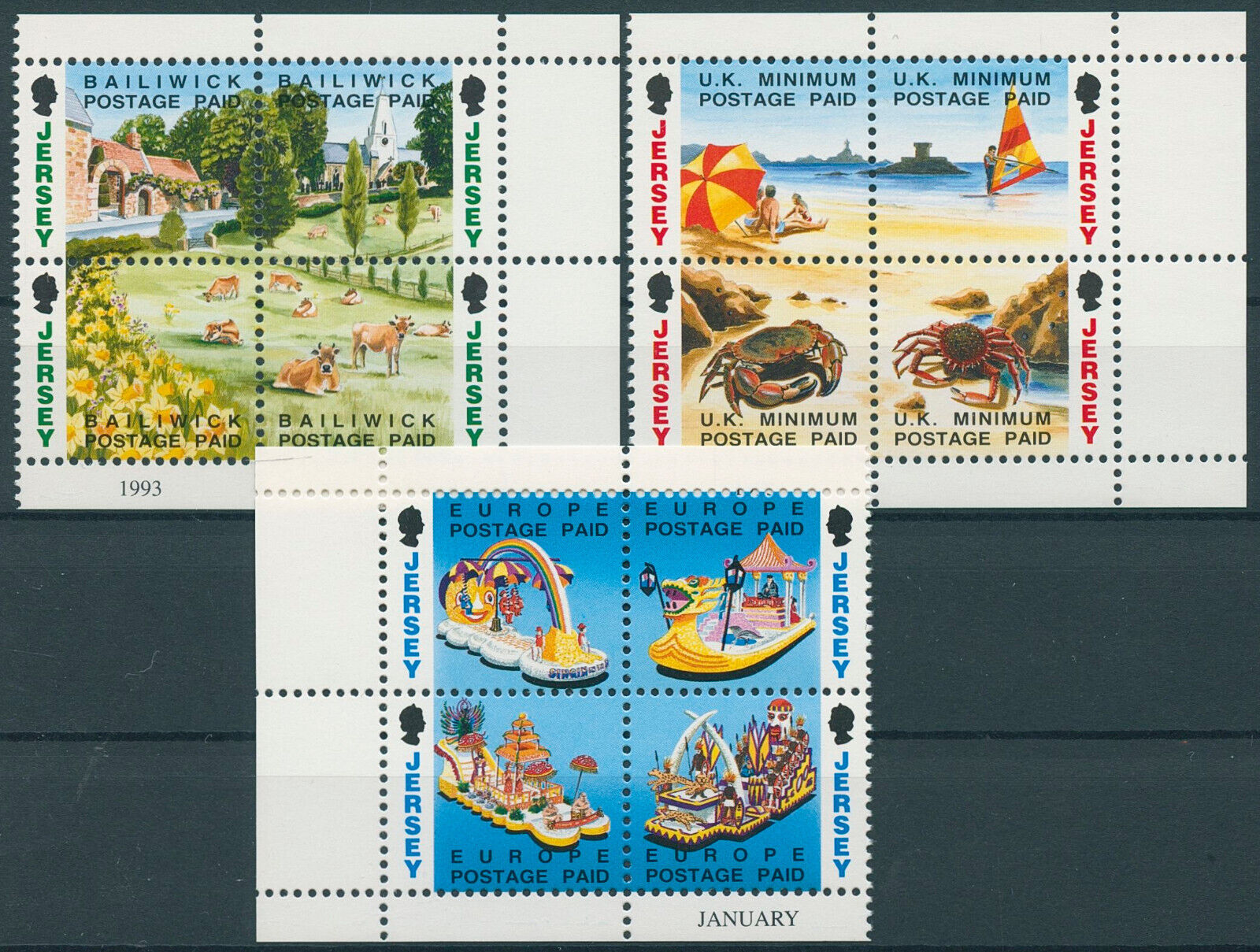 Jersey 1993 MNH Landscapes Stamps Cows Crabs Floats Tourism Churches 3x 4v Block