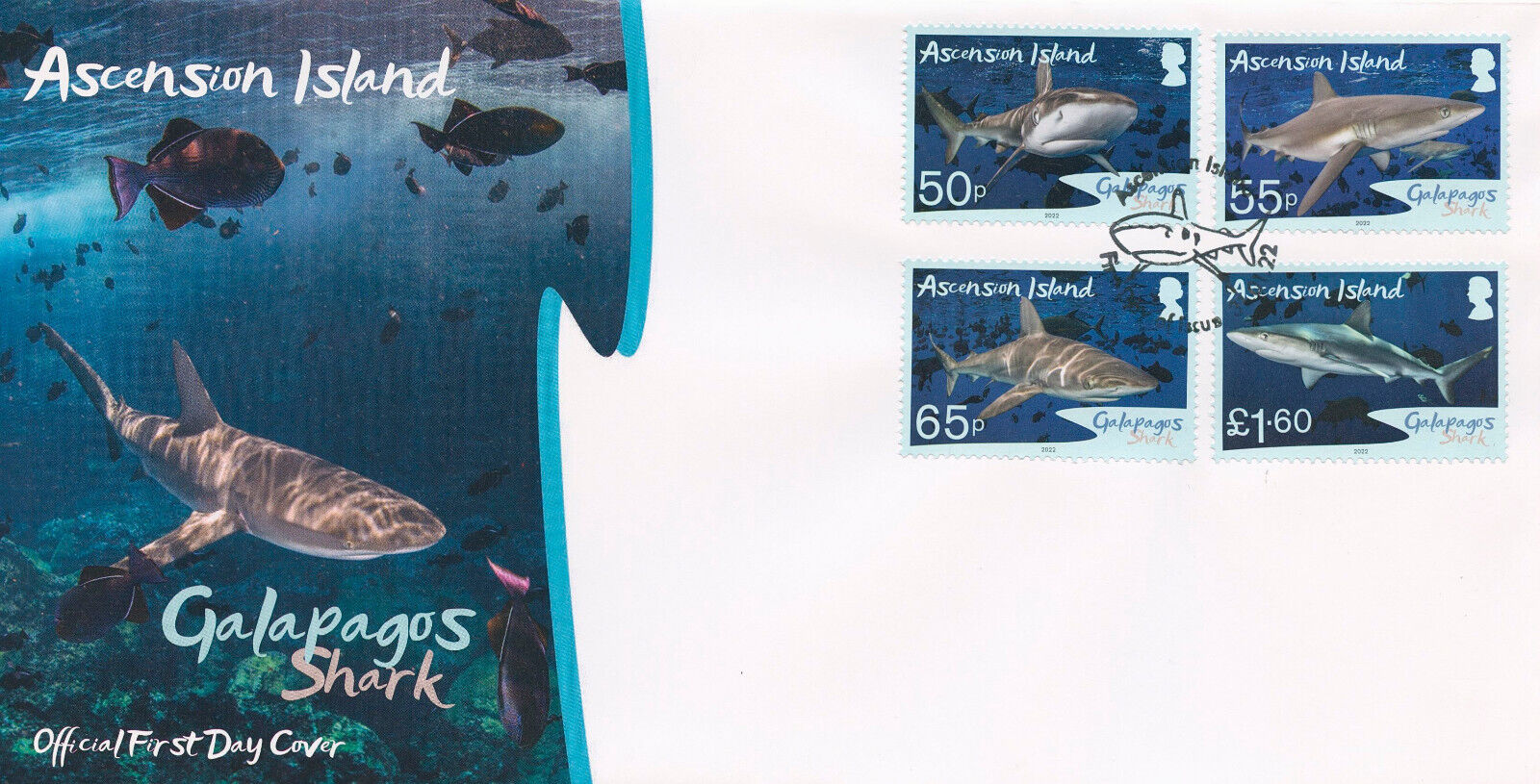 Ascension Island 2022 FDC Marine Animals Stamps Galapagos Shark Sharks 4v Set