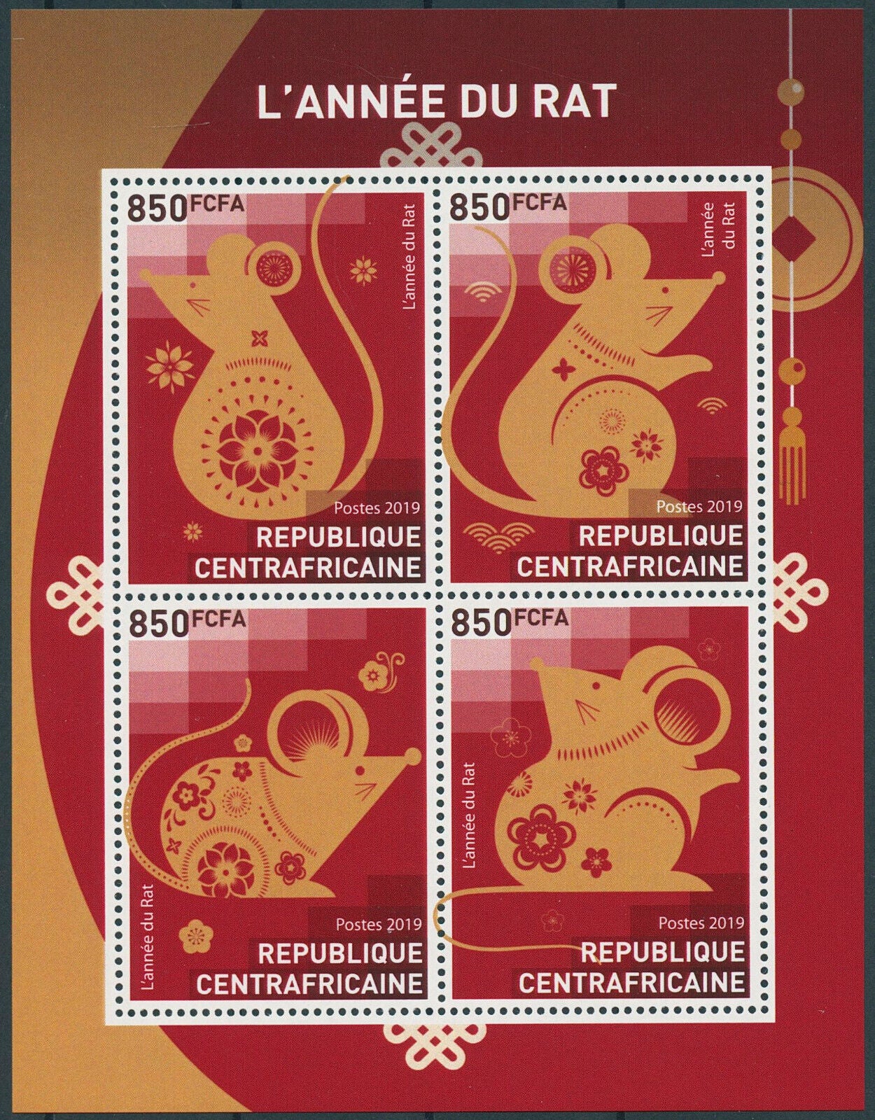 Central African Rep 2019 MNH Year of Rat 2020 Stamps Chinese Lunar New Yr 4v M/S