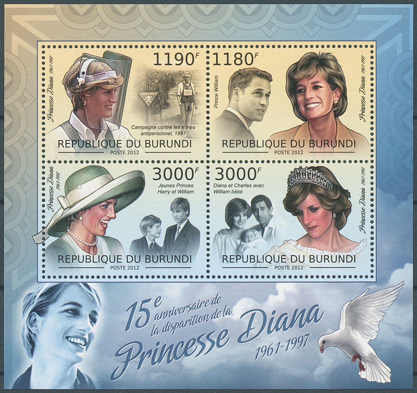 Burundi 2012 MNH Royalty Stamps Princess Diana Memorial Prince William 4v M/S