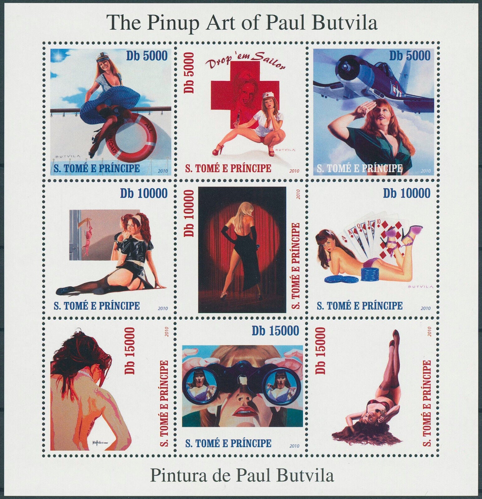 Sao Tome & Principe 2009 MNH Art Stamps Pin-up Paintings Paul Butvila 9v M/S