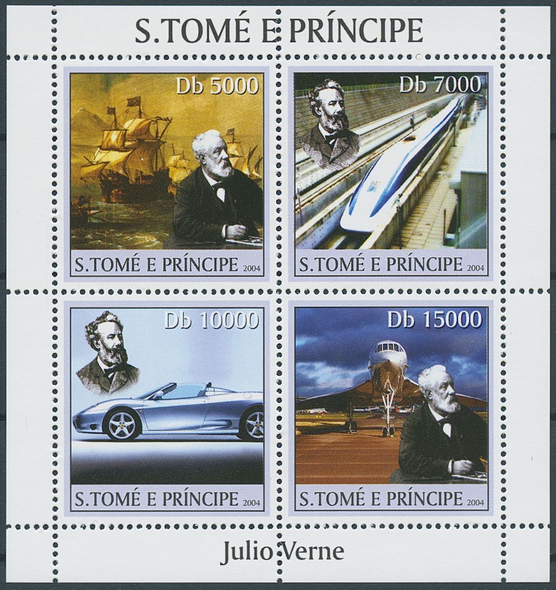 Sao Tome & Principe 2004 MNH Jules Verne Stamps Ships Trains Cars Avation 4v M/S