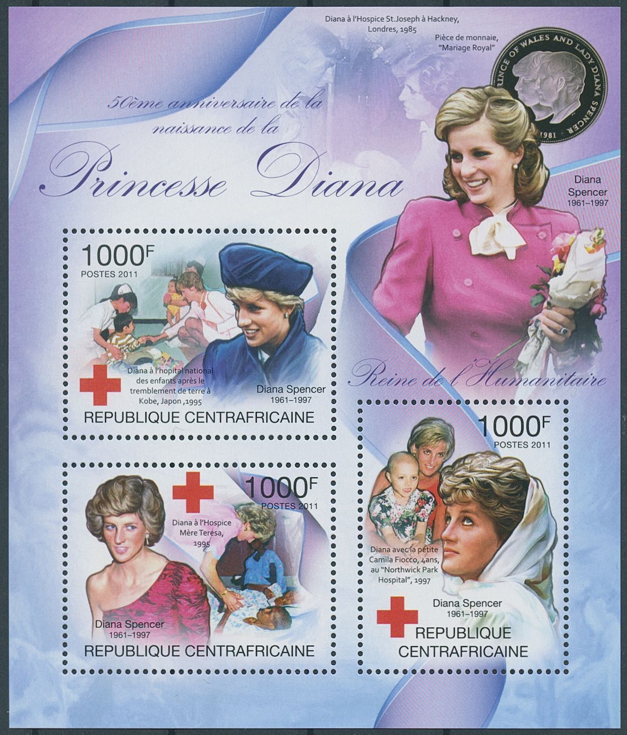 Central African Rep 2011 MNH Royalty Stamps Princess Diana Red Cross 3v M/S