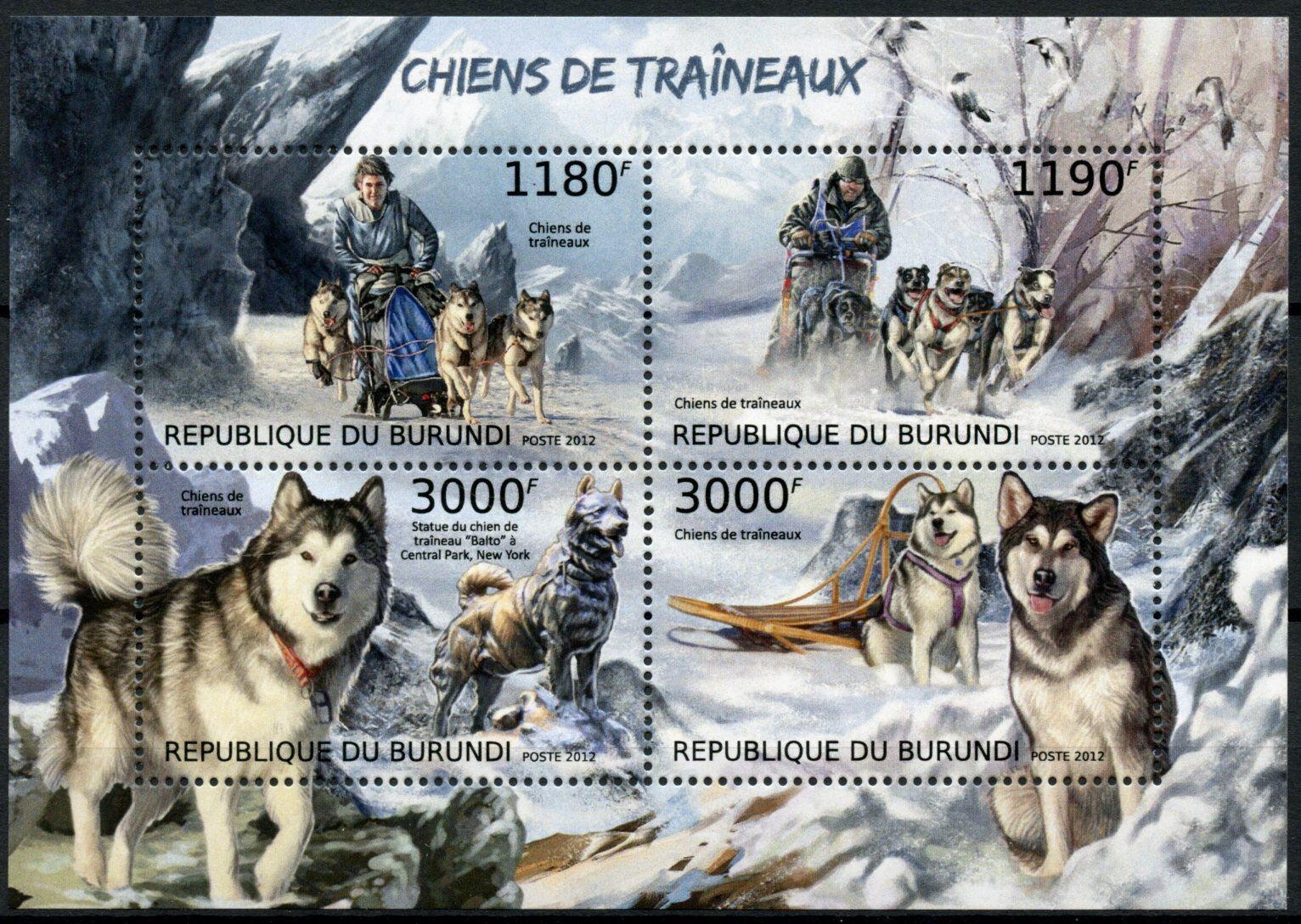 Burundi 2012 MNH Sled Dogs Stamps Working Dogs Domestic Animals 4v M/S