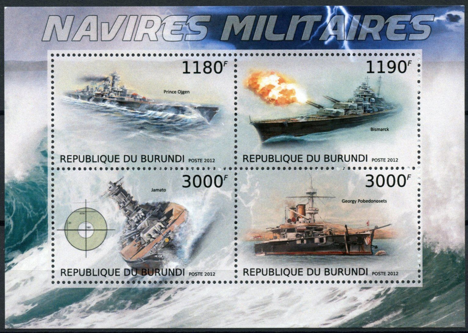 Burundi 2012 MNH Military Ships Stamps Bismarck Prince Ojgen Jamato 4v M/S