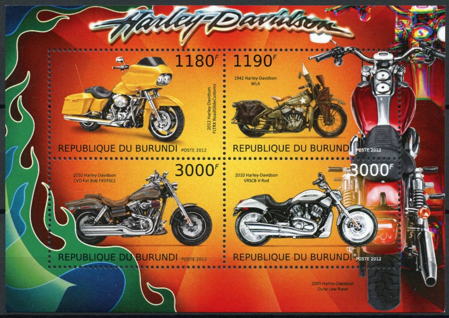 Burundi 2012 MNH Motorcycles Stamps Harley-Davidson RoadGlideCustomz 4v M/S