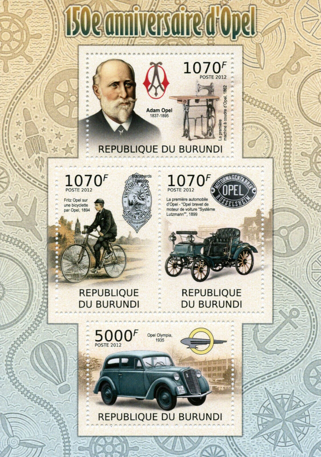 Burundi 2012 MNH Cars Stamps Adam Opel Olympia Bicycles 4v M/S