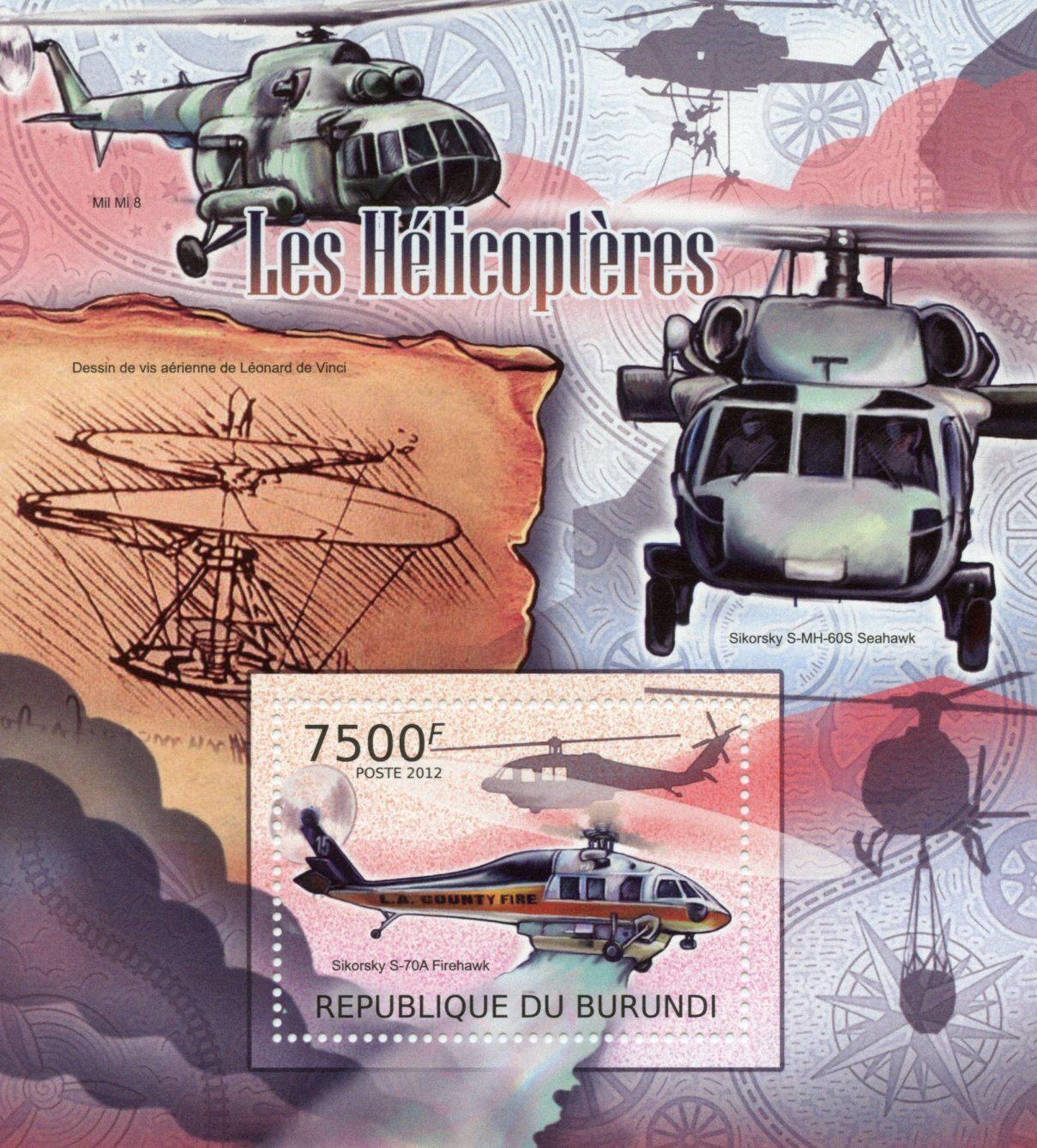 Burundi 2012 MNH Aviation Stamps Helicopters Sikorsky Firehawk Seahawk 1v S/S