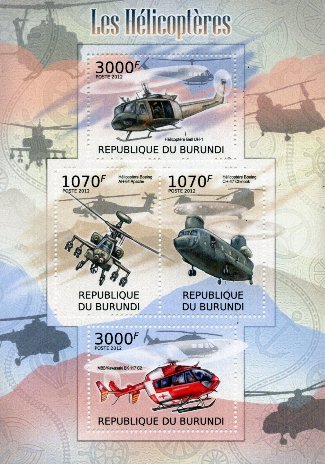 Burundi 2012 MNH Aviation Stamps Helicopters Boeing Apache Chinook 4v M/S