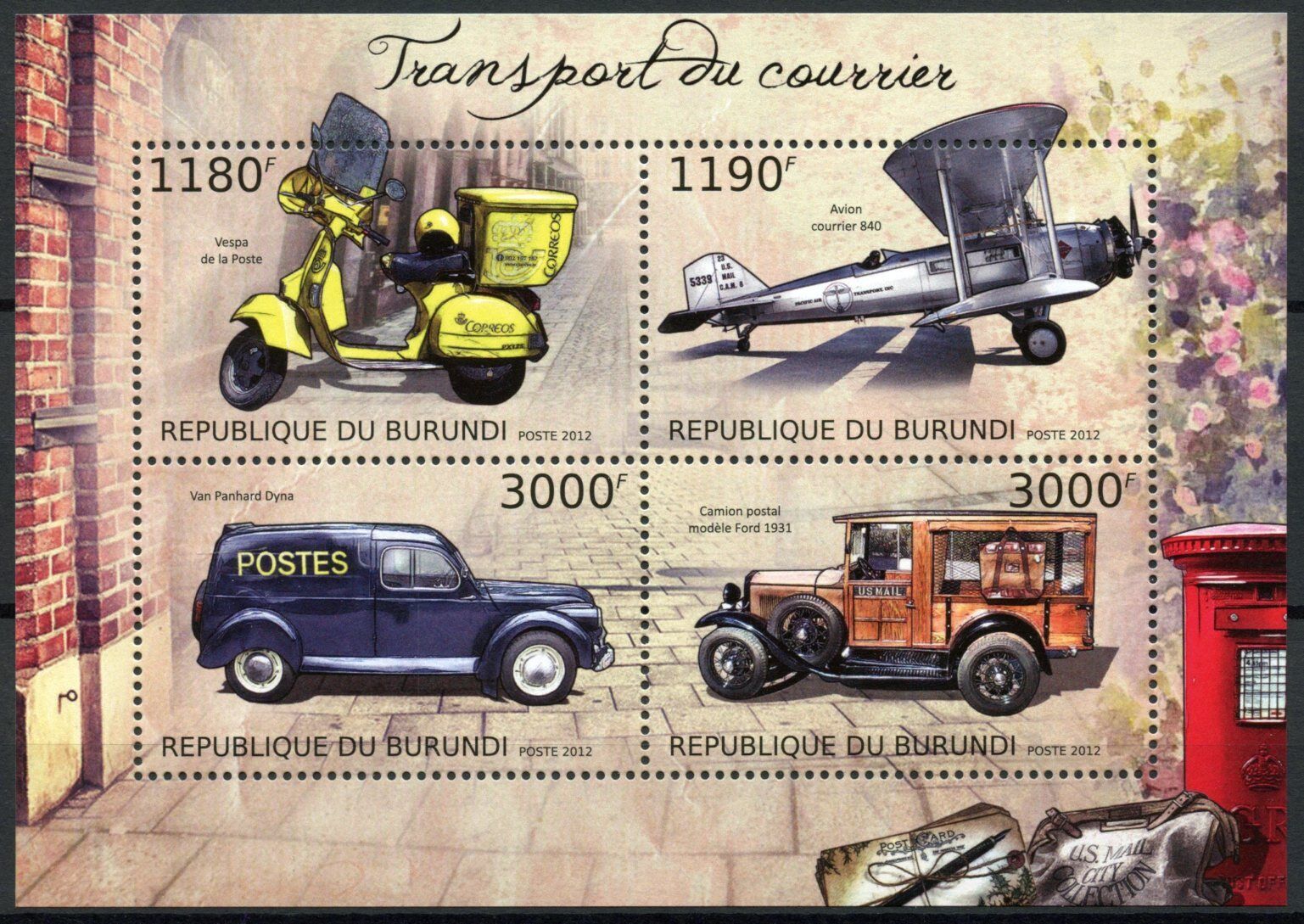 Burundi 2012 MNH Mail Transport Stamps Aviation Cars Motorcycles Aircraft 4v M/S