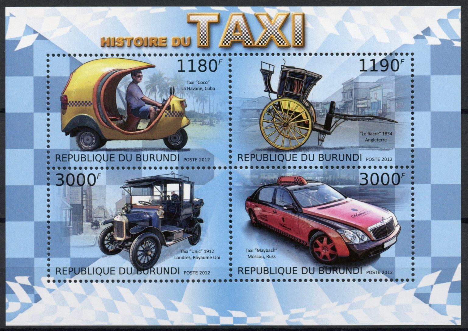 Burundi 2012 MNH Cars Stamps History of Taxi Coco Cab Maybach Unic 4v M/S