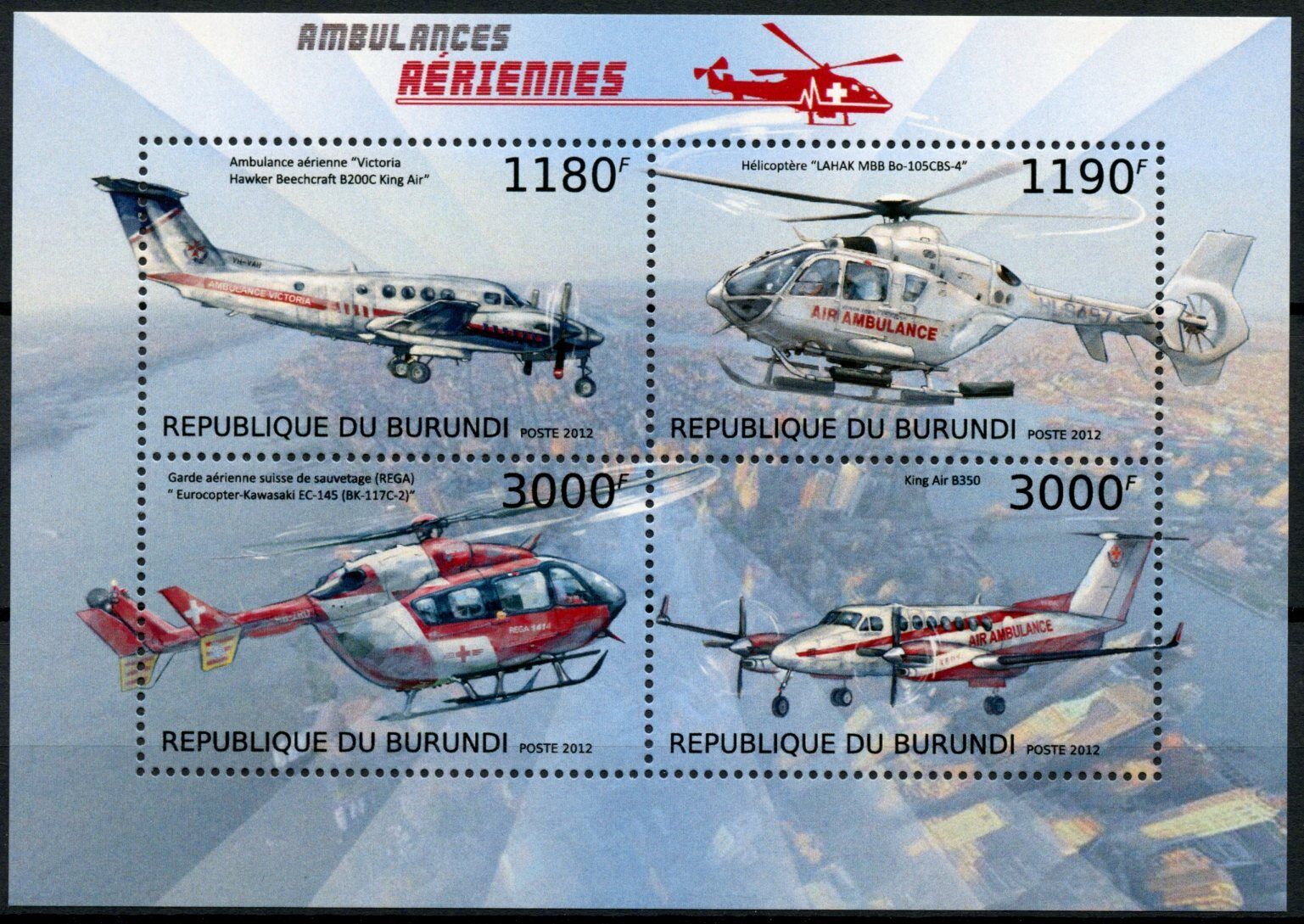 Burundi 2012 MNH Aviation Stamps Helicopters Air Ambulances Medical 4v M/S