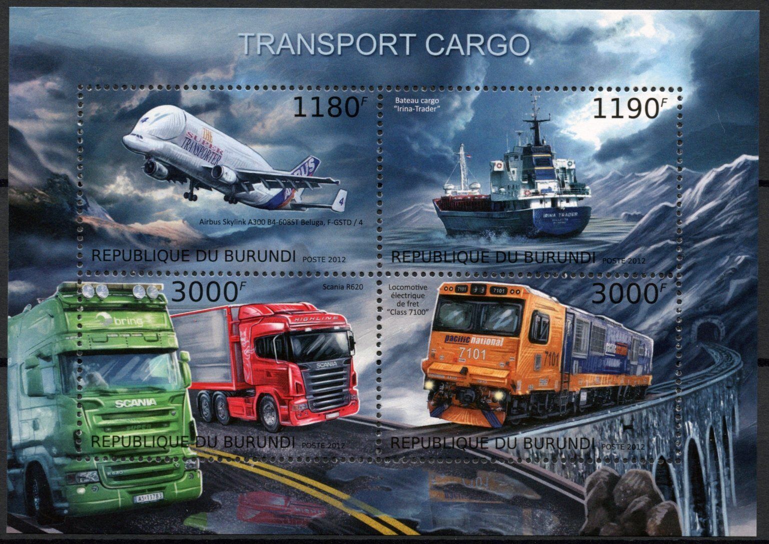Burundi 2012 MNH Cargo Transport Stamps Aircraft Ships Trucks Trains 4v M/S
