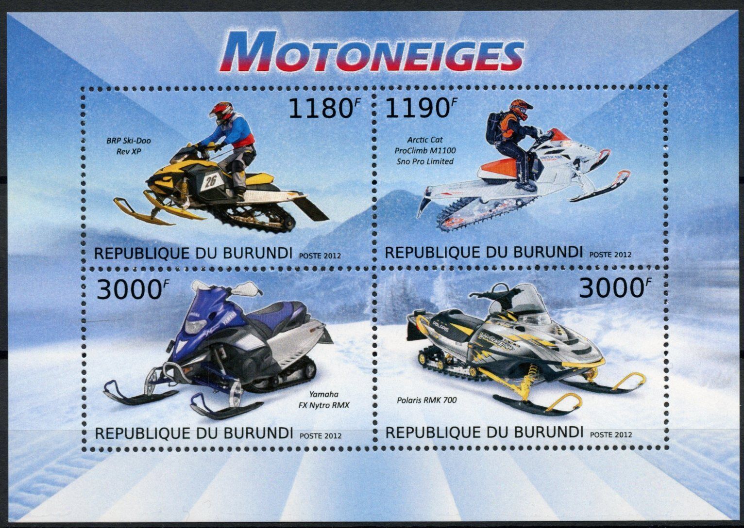 Burundi 2012 MNH Special Transport Stamps Snowmobiles Yamaha Polaris 4v M/S
