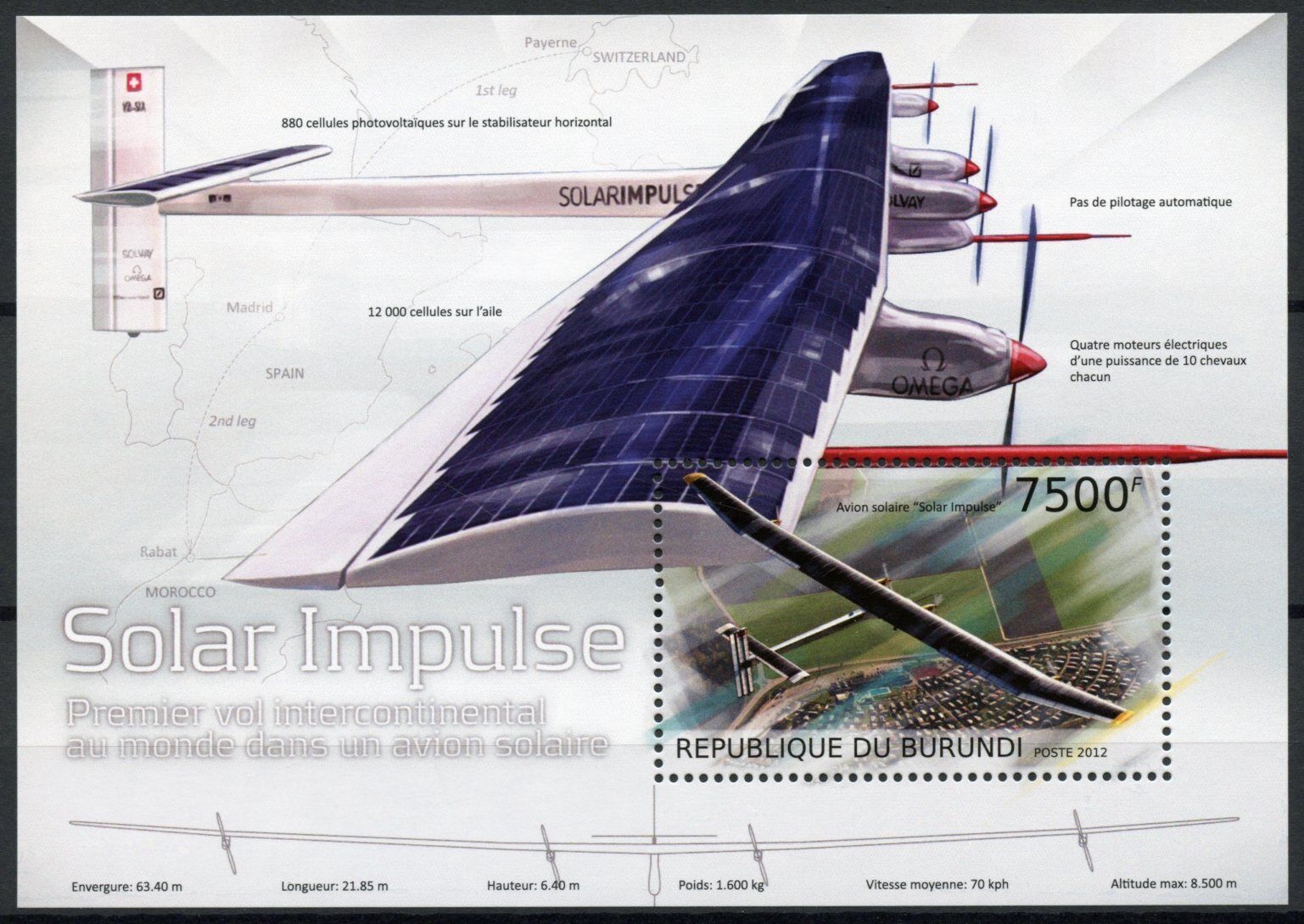 Burundi 2012 MNH Electric Transport Stamps Aviation Solar Impulse Aircraft 1v SS