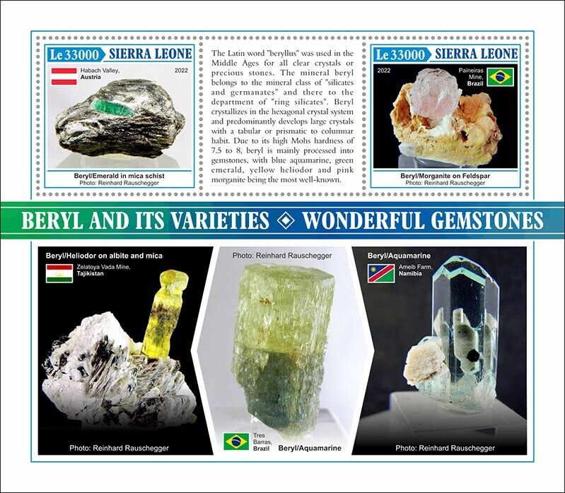 Sierra Leone 2022 MNH Minerals Stamps Beryl & Varieties Gemstones 2v S/S