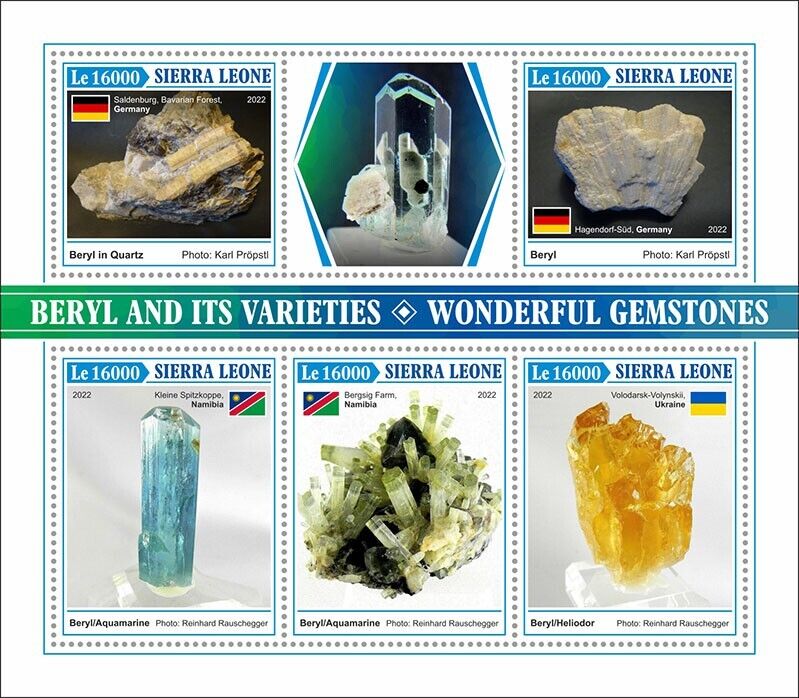 Sierra Leone 2022 MNH Minerals Stamps Beryl & Varieties Gemstones 5v M/S