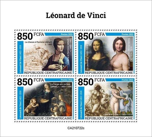 Central African Rep 2021 MNH Art Stamps Leonardo da Vinci Paintings Nudes 4v M/S