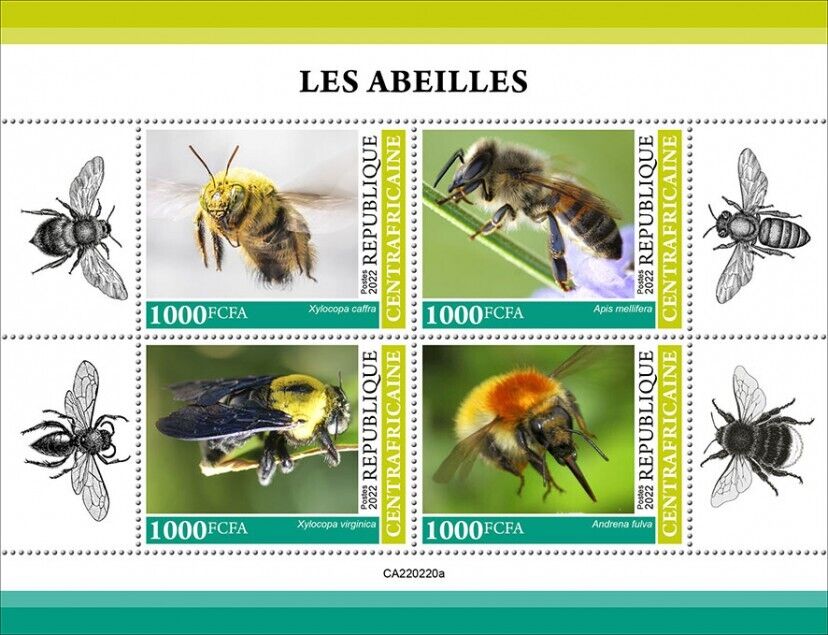Central African Rep 2022 MNH Bees Stamps Carpenter Honey Bee Insects 4v M/S