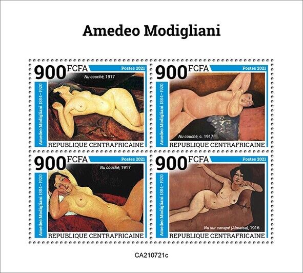 Central African Rep 2021 MNH Art Stamps Amedeo Modigliani Paintings Nudes 4v M/S
