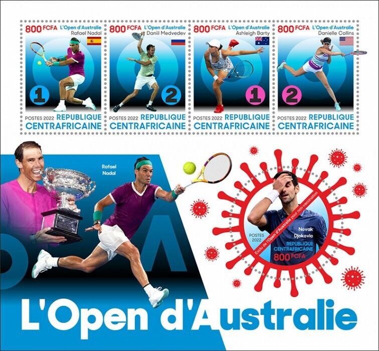 Central African Rep 2022 MNH Tennis Stamps Australian Open Rafael Nadal 4v M/S