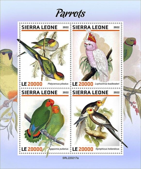 Sierra Leone 2022 MNH Birds on Stamps Parrots Red-Capped Parrot Cockatoo 4v M/S