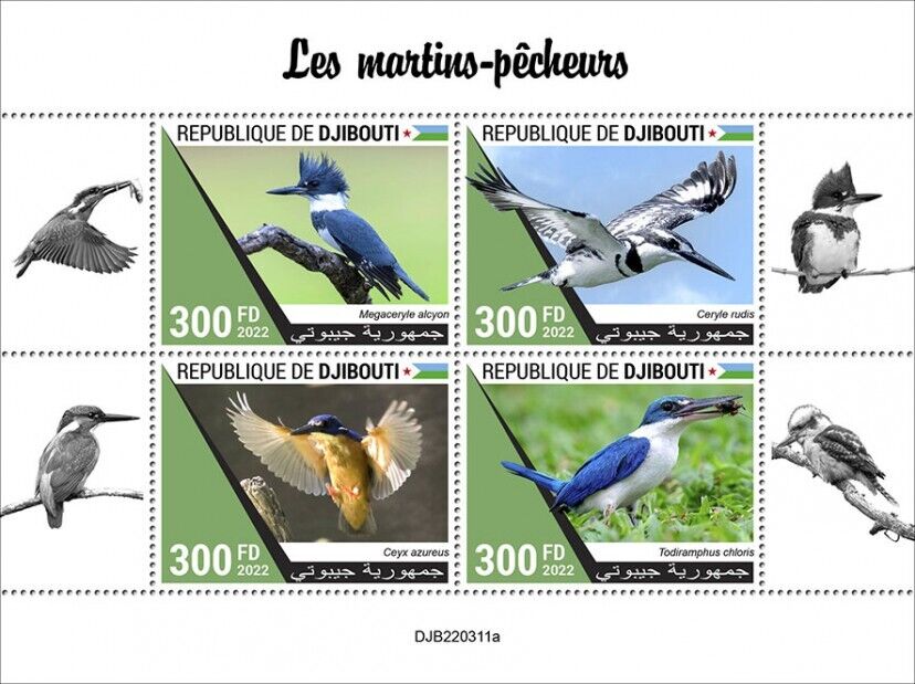 Djibouti 2022 MNH Birds on Stamps Kingfishers Belted Kingfisher 4v M/S