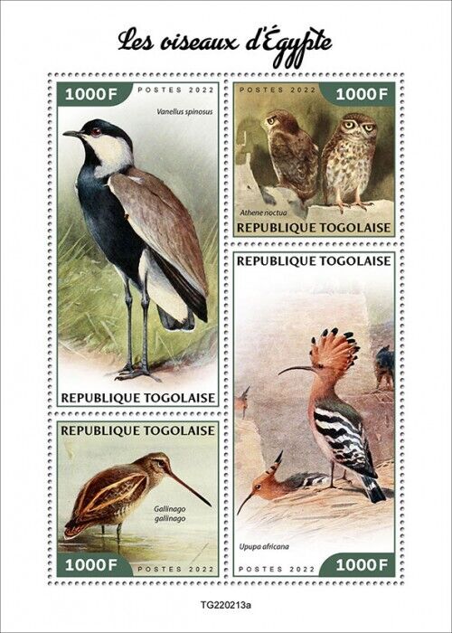 Togo 2022 MNH Birds of Egypt on Stamps Hoopoe Owls Lapwings Snipes 4v M/S