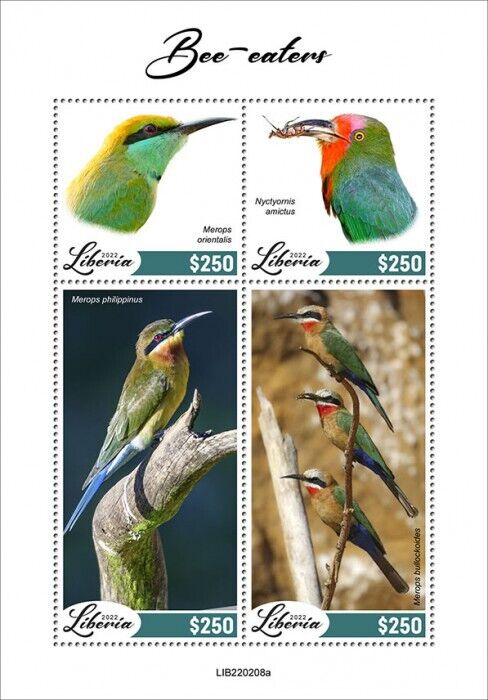 Liberia 2022 MNH Birds on Stamps Bee-Eaters Asian Green Bee-Eater 4v M/S