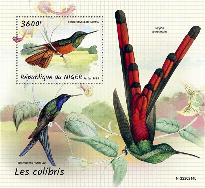 Niger 2022 MNH Birds on Stamps Hummingbirds Chestnut-Breasted Coronet 1v S/S