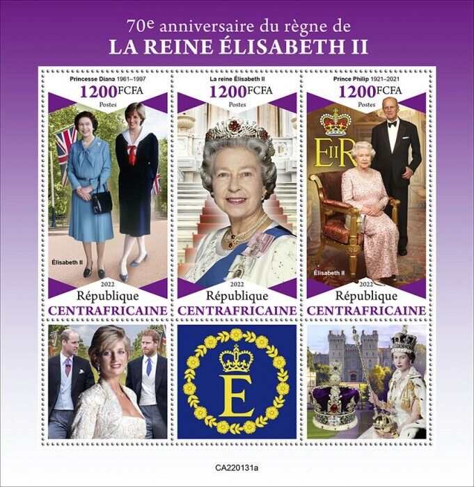 Central African Rep 2022 MNH Royalty Stamps Queen Elizabeth II Platinum 3v M/S