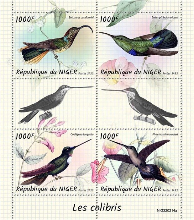 Niger 2022 MNH Birds on Stamps Hummingbirds Buff-Tailed Sicklebill 4v M/S