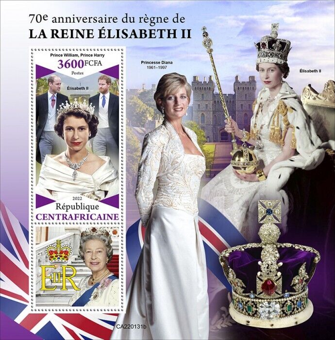 Central African Rep 2022 MNH Royalty Stamps Queen Elizabeth II Platinum 1v S/S