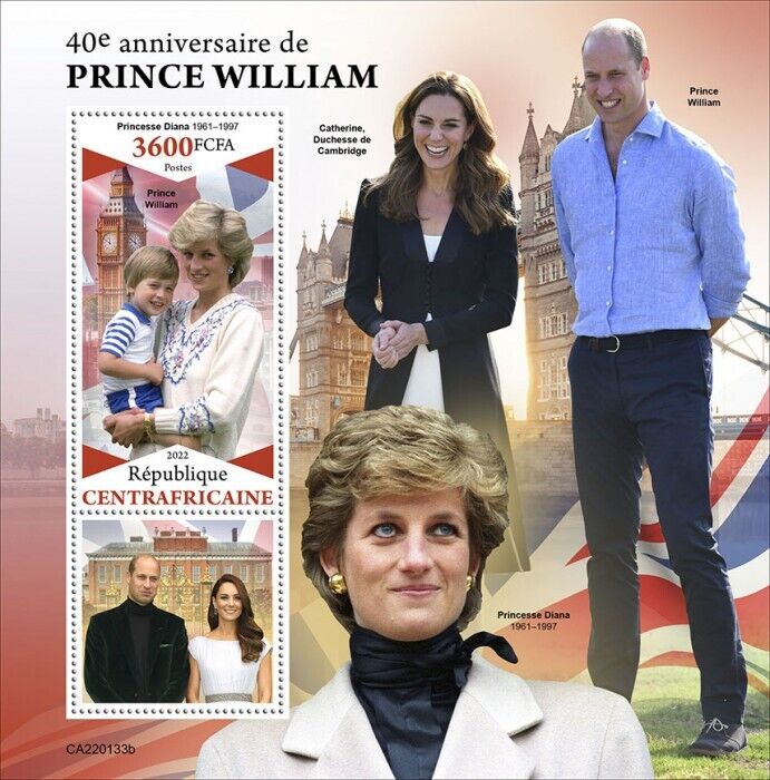 Central African Rep 2022 MNH Royalty Stamps Prince William 40th Birthday 1v S/S