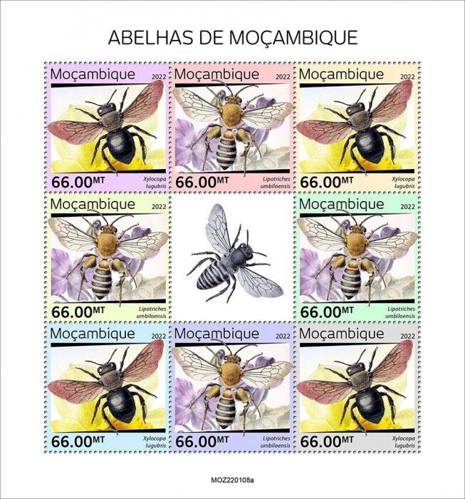 Mozambique 2022 MNH Bees Stamps Carpenter Bee Insects 8v M/S